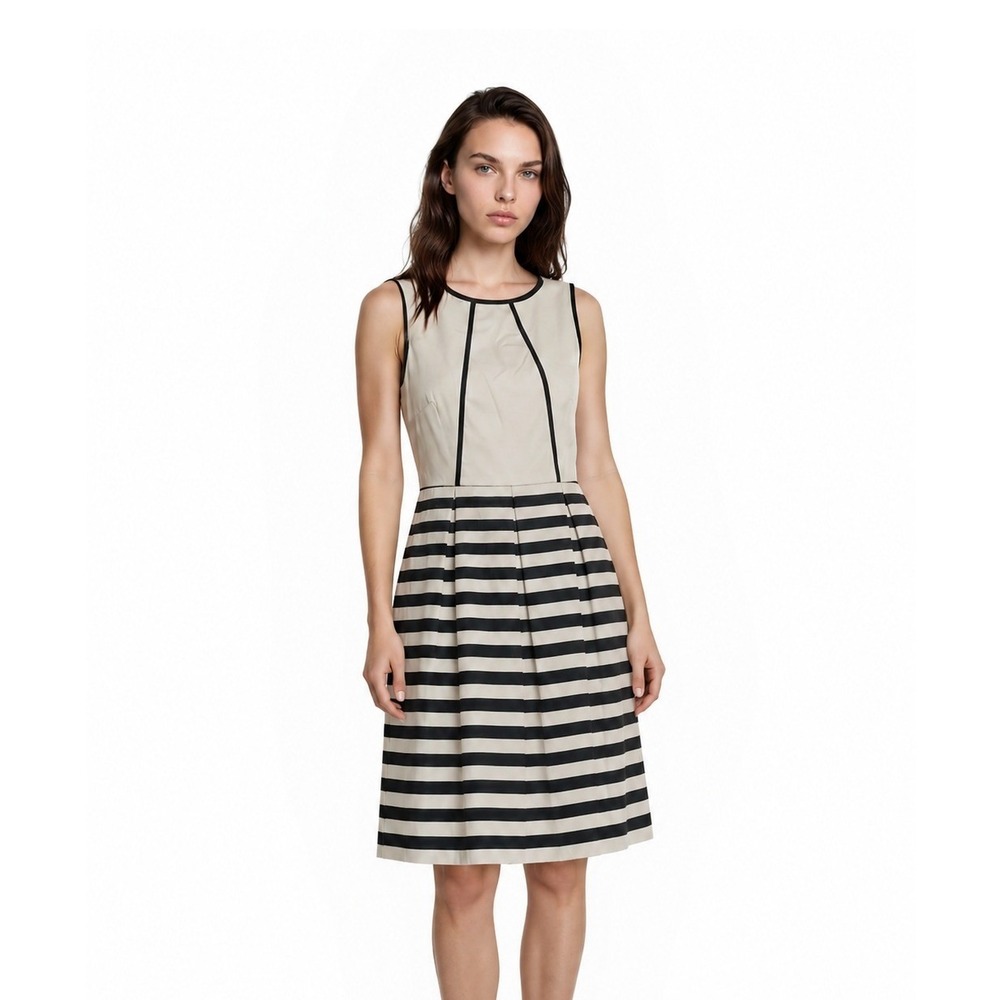 J. Taylor Fit & Flare Dress Women's Size 14 Cream Black Striped Pleated